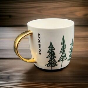 Starbucks Pine Tree 14oz Ceramic Mug 2015 Christmas Winter Gold Handle